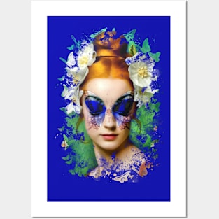 Portrait of Beautiful Woman with Butterfly Tattoo on Her Face Posters and Art